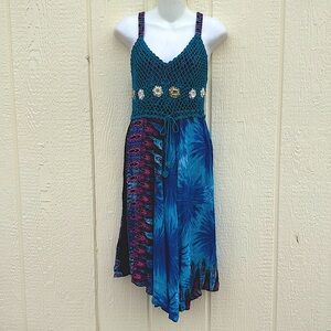 Hawaiian Tropical Beach Dress Cover Up Crochet Straps Smocked Back Multicolor